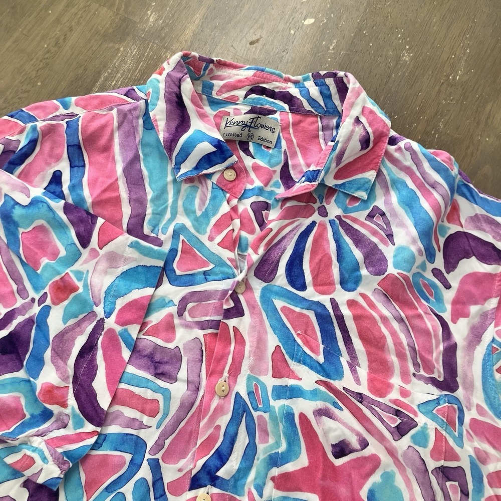 Kenny Flowers Shirt Mens Medium Hawaiian Aloha‎ Tropical Button Up Beach Bright
